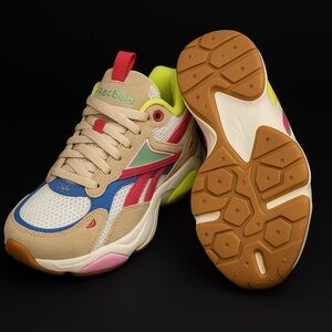 Reebok Pink and Yellow Sneakers with Geometric Traction